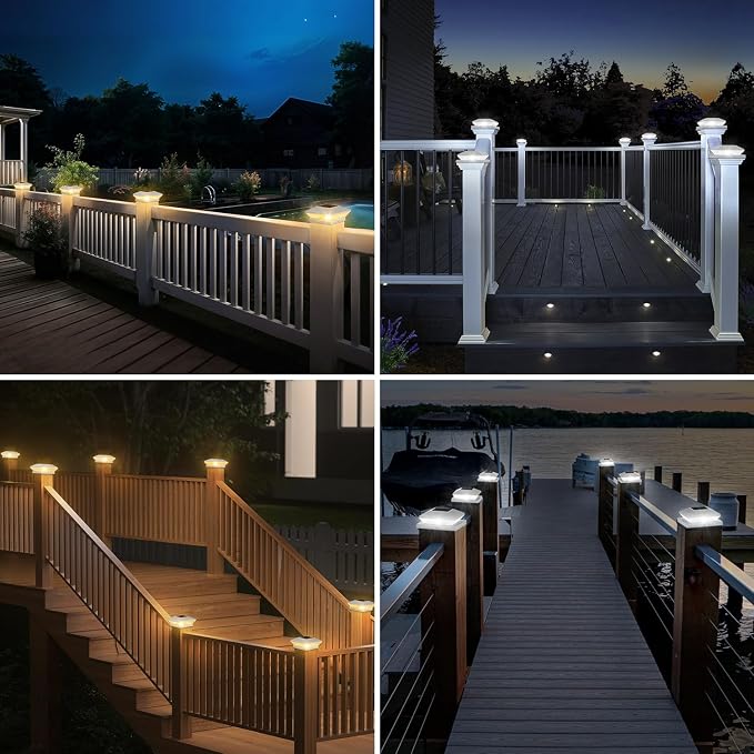 T-SUN Solar Post Cap Lights Outdoor 12 Pack, 2 Modes LED Fence Post Solar Lights Fit for 4x4 5x5 6x6 Vinyl/Wooden Posts, Waterproof Deck Post Lights Solar Powered for Garden Patio Gate Porch