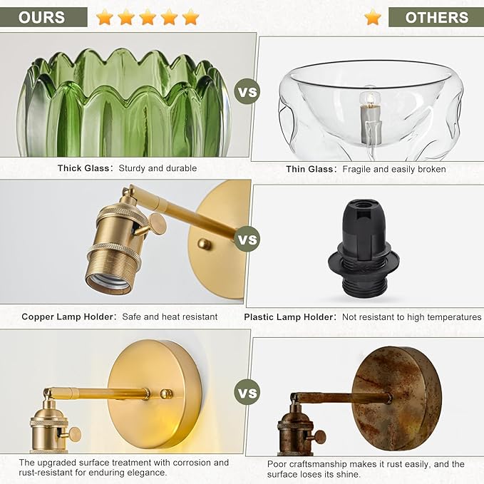 Hardwired Wall Sconce Light, Vintage Wall Sconce with Switch, Gold Wall Light Fixture with Tulip Green Glass Lampshade, Indoor Wall Light for Bedroom Bathroom, Bedside Wall Lamp