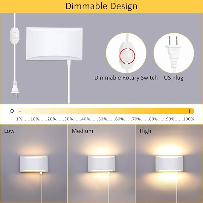 Lightess 12W Plug in Wall Sconces Modern LED Wall Light Dimmable Indoor Up Down Wall Lamp for Bedroom Living Room Hallway Staircase, Warm White, Aluminum