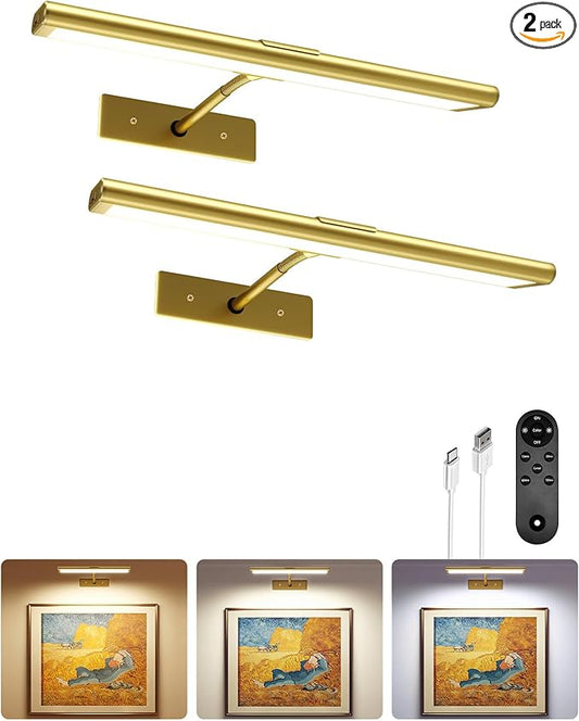EZVALO Picture Light for Wall, 4800mAh Rechargeable Wireless Remote, Dimmable Magnetic LED Art Display Light with 3 Color Temperatures, for Gallery, Living Room, Bedroom, Hallway (Gold-2Pack)