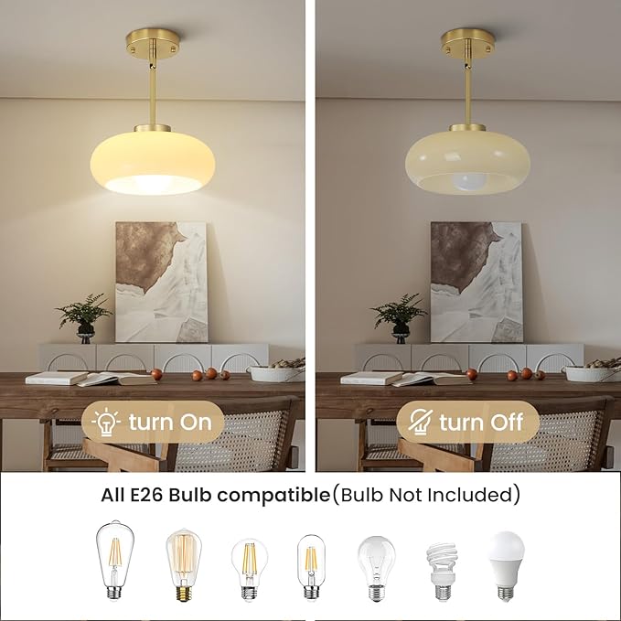 Yunnix Semi Flush Mount Ceiling Light, Gold Light Fixture, Mid-Century Modern Farmhouse Milk Glass Small Light Fixtures for Hallway, Bathroom, Kitchen, Bedroom, Living Room, Closet, Laundry