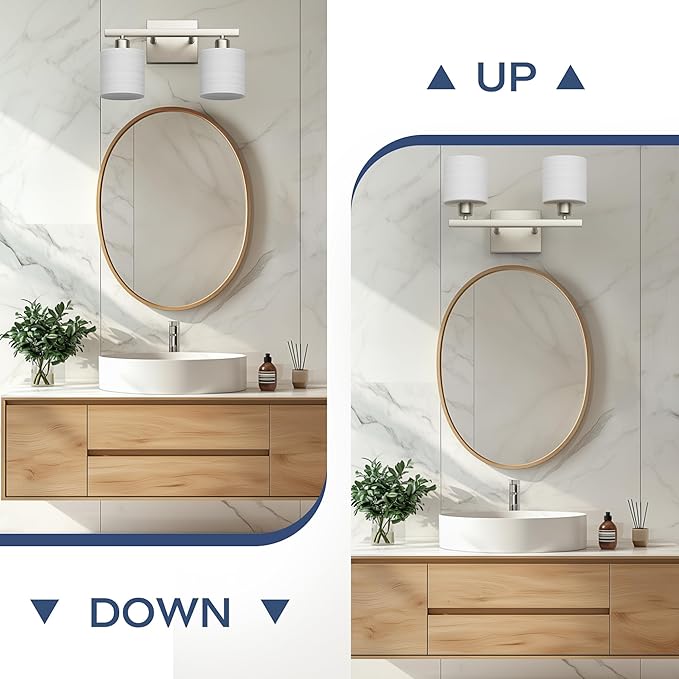 PARTPHONER Bathroom Light Fixtures, Bathroom Lighting Fixtures Over Mirror, Classic Vanity Lights, Modern Vanity Light with Textured Frosted Opal White Glass Shades, Brushed Nickel, 2-Light