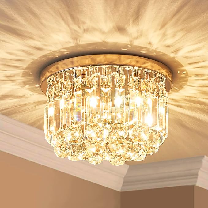 AGV LIGHTING 16061 K9 Crystal Flush Mount Ceiling Light Fixture, Close to Ceiling, Modern Design, 3-Lights, Perfect for Foyer, Living Room, D12 x H10, Chrome Finish