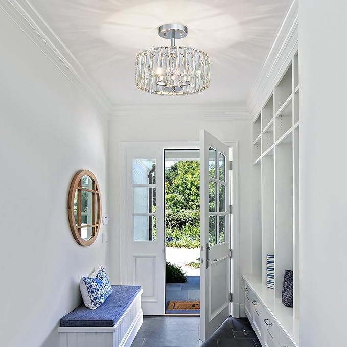 Crystal Ceiling Light, 3-Light Modern Semi-Flushmount Ceiling Light for Living Room, Dinning Room Hallway, D12xH9inch, Chrome Finish Frame & K9 Crystal