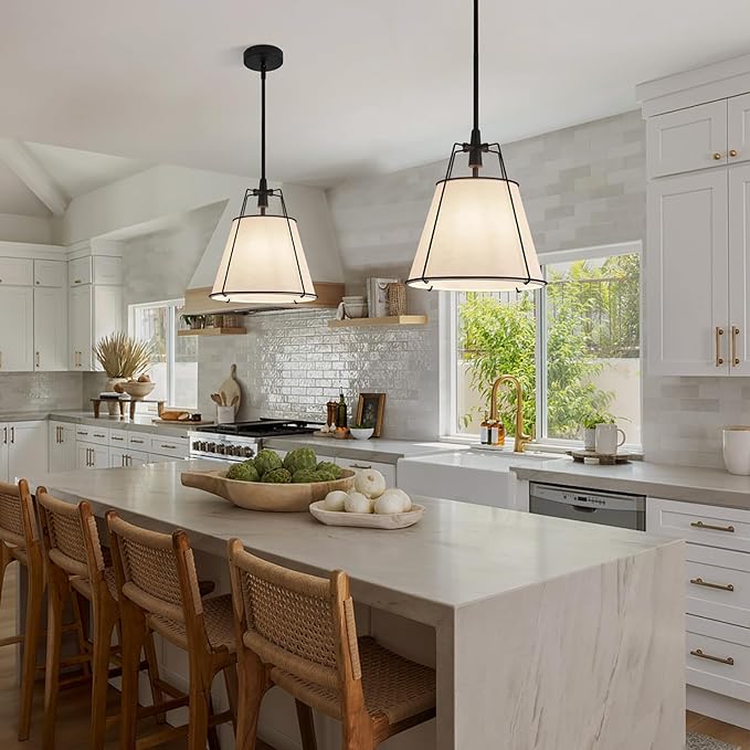 Modern Pendant Light Fixtures with 13" Off-White Linen Fabric Shade, Adjustable Hanging Light Fixture,Drum Black Vintage Chandelier for Kitchen Island Bedroom Dining Room Foyer Entryway