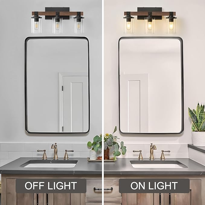 GoYeel Bathroom Light Fixtures Over Mirror, Black Farmhouse Vanity Light Rustic Vintage Wood Bathroom Wall Light Fixtures 3 Light with Clear Glass Shade for Bedroom Hallway