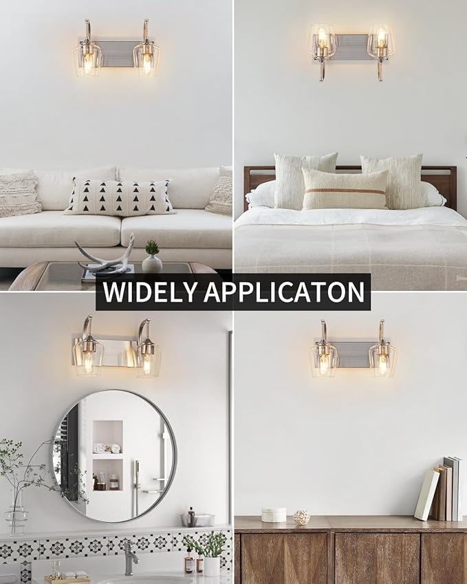Brushed Nickel Bathroom Light Fixtures Bathroom Vanity Light with Clear Glass Shade, 2-Light Modern Wall Lights for Bedroom Hallway Living Room (E26 Base)