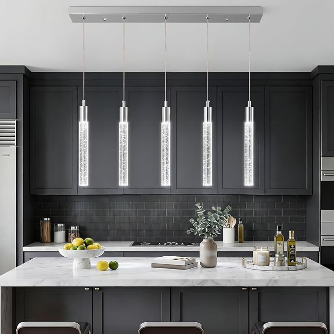 Kitchen Island Lighting Modern Light Fixture Chrome Pendant Light Dimmable LED Chrome Finish Mini Crystal Pendant Lights for Dining Room Living Room（5-Light）