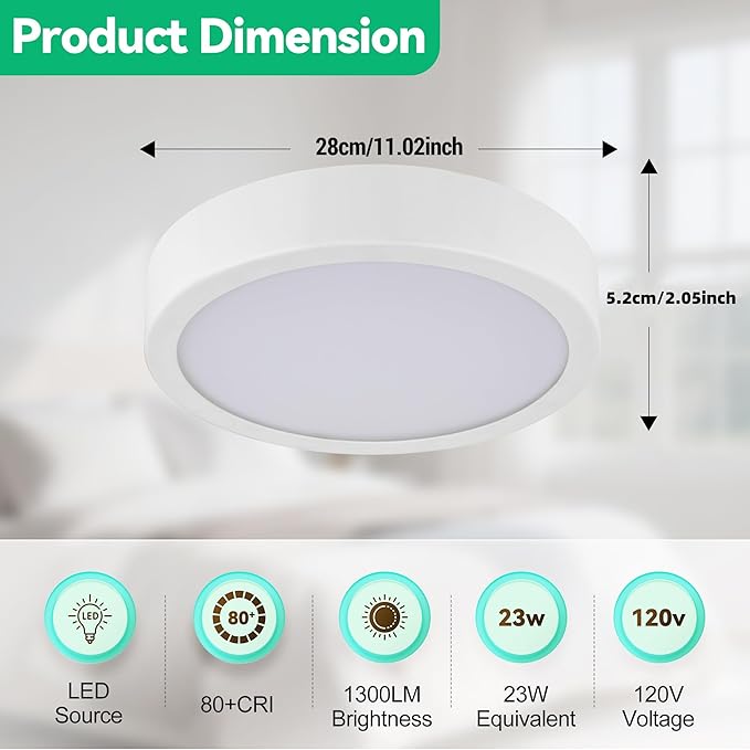 11" Modern LED Ceiling Light, White Flush Mount Ceiling with 5CCT 2700K-5000K, Dimmable LED Light Fixtures Ceiling Mount for Kitchen Bathroom Bedroom Hallway, 2 Packs