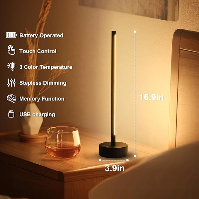 KARTOOSH Cordless LED Table Lamp, Battery Operated Portable Desk Lamp,Dimmable/3 Color/Memory Function,Modern Rechargeable Table Light for Living Room,Bedroom,Bedside,Black