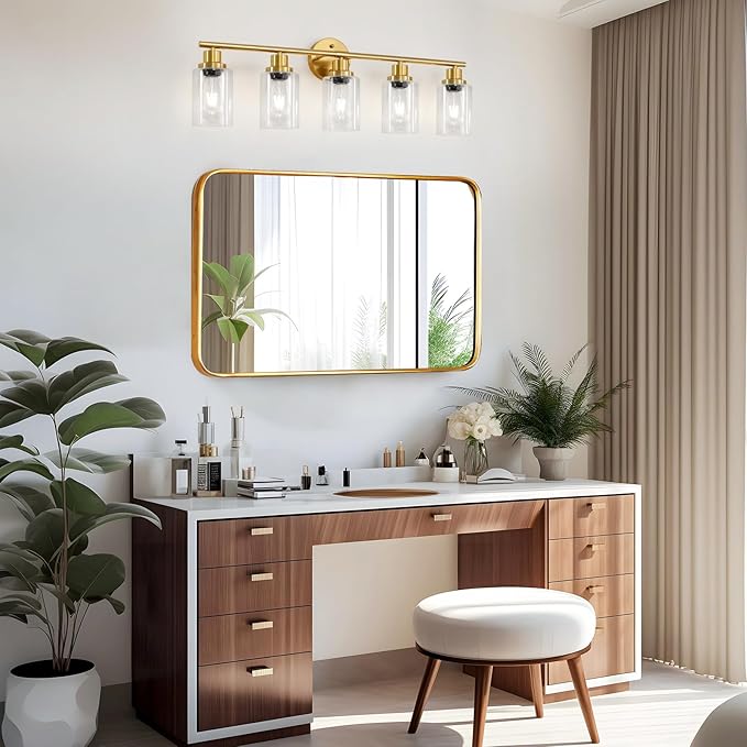 5-Light Bathroom Vanity Lights, E26 Modern Brushed Gold Bathroom Light Fixtures with Clear Glass Shade, Mirror Kitchen Hallway Cabinet Living Room Sconces Wall Lights