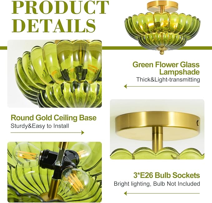11.8 inch Kitchen Ceiling Light, 3-Light Semi Flush Mount Ceiling Lamp with Flower Glass, Modern Close to Ceiling Light Fixtures for Bathroom Bedroom Hallway Entryway, Green