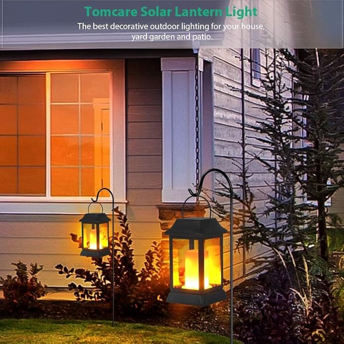 TomCare Solar Lights Metal Flickering Flame Solar Lantern Outdoor Hanging Lanterns Decorative Lighting Heavy Duty Solar Powered Waterproof Umbrella Lighting for Garden Yard Patio Deck, 4 Pack（Black）