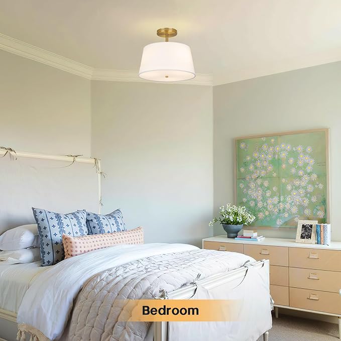 Modern Cone-Shaped Semi Flush Mount Ceiling Light Fixture, 3-Light Drum Lamp with Gold Brass Finish and White Fabric Shade for Bedroom, Kitchen, Dining Room, Hallway, Entryway, and Foyer