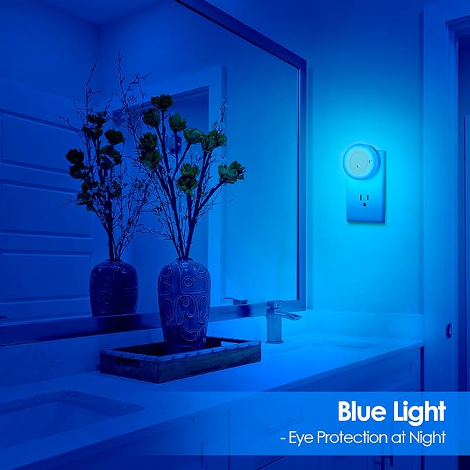 FOLKSMATE LED Night Light, Dimmable Plug-in Dusk to Dawn Sensor Hallway Lights, Smart Nightlight for Bathroom, Bedroom, Adults & Kids Room, Kitchen, Stairway, Blue, 2-Pack