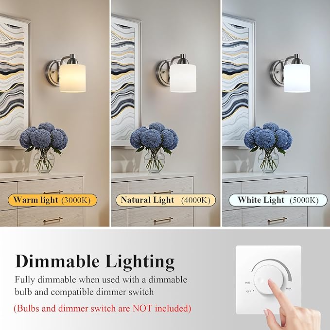 Mecgirn Brushed Nickel Milk Glass Wall Sconces, 1 Pack Hardwired Indoor Wall Light Fixtures for Living Room, Hallway, Bedroom, Ceramic E26 Sockets (Bulbs Not Included)