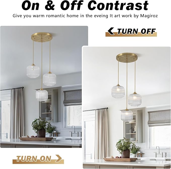 3 Light Hanging Pendant Light Fixture Brushed Gold Modern Pendant Cluster Lights Kitchen Island Industrial Adjustable Hanging Dining Room Lighting Clear Glass Cluster Chandeliers MPL30-3C