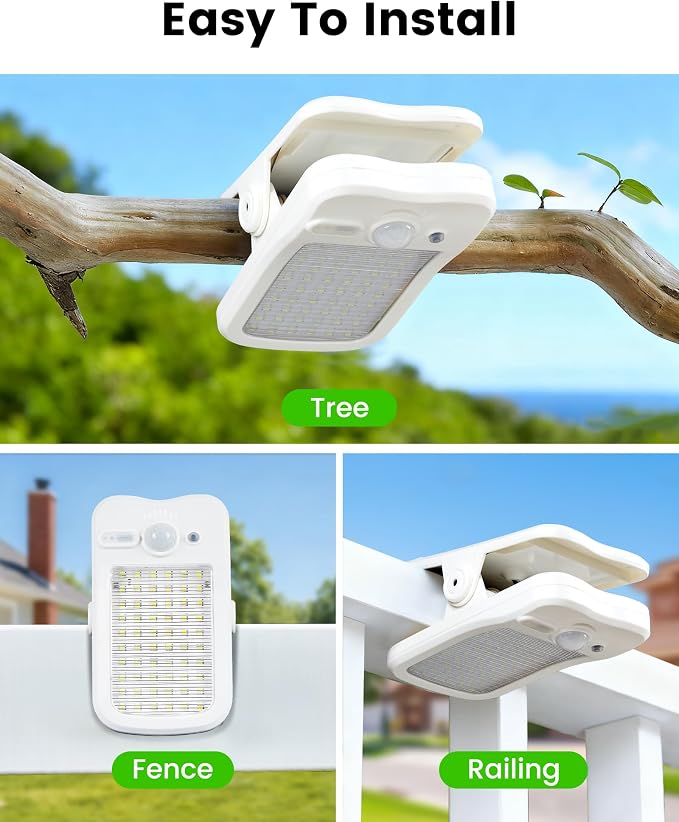 Clip on Solar Lights for Fence, 3 Modes Solar Motion Lights Outdoor Waterproof, 60LEDs 500LM Portable Security Light for Fence, Deck, Garage, Camping, USB Charging, 4 White