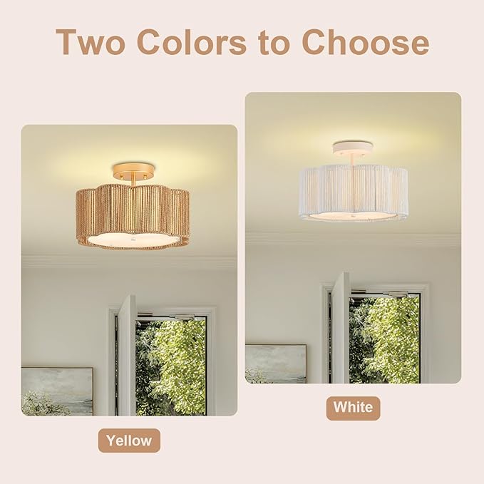 13 Inch Rattan Flush Mount Ceiling Lights 3 Lights Boho Farmhouse Ceiling Light Fixtures Wicker Hand Woven Light Fixtures for Dining Room Kitchen Bedroom Foyer Hallway Entryway
