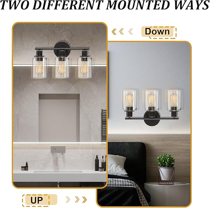 Pia Ricco Bathroom Vanity Light Fixtures, 3-Light Bathroom Wall Lights with Clear Glass Shades, Oil Rubbed Bronze Modern Vanity Light Over Mirror, Wall Sconces for Living Room Bedroom Hallway