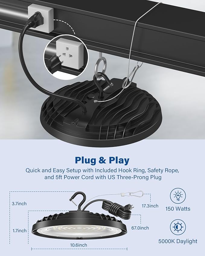 2 Pack 150W UFO LED High Bay Light, Adjustable Color Temperature 3500K/5000K/6500K, 21,000LM, 120VAC, LED Shop Lights, Plug & Play Lighting Fixture for Warehouses, Workshops, Garages, and Barns