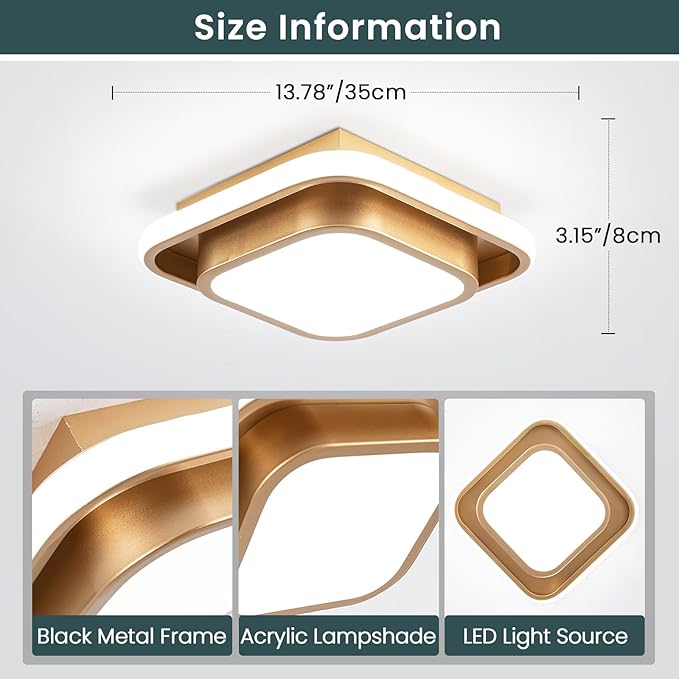 Hallway Light Modern LED Ceiling Light Fixture Square 6000K Close to Ceiling Light Gold Flush Mount Ceiling Lights for Kitchen Bedroom Balcony Bathroom