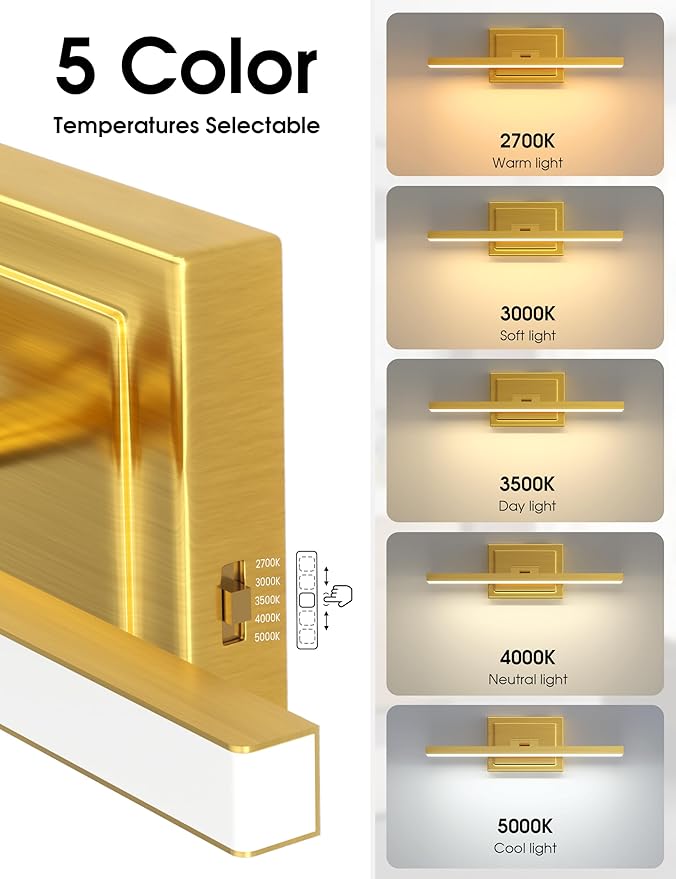 VOLISUN Bathroom Vanity Light 15.7 inch, 12W Dimmable 5CCT Led Bathroom Light Fixture Over Mirror, Gold Bar Vanity Light for Bathrooms-ETL Certificated