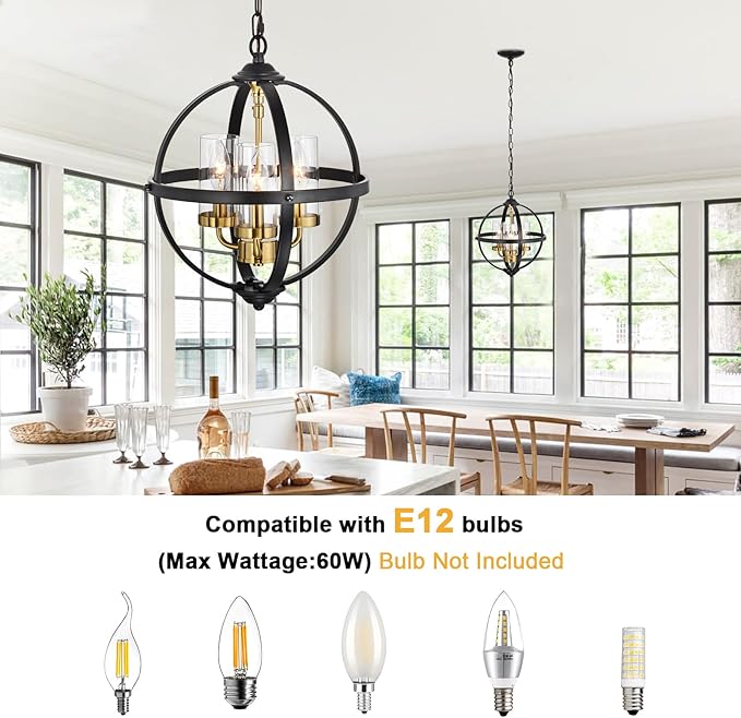 Treekee Rustic Chandelier, 17" Black and Gold Finish Glass Cover Luxurious Hanging Light, 4-Light Globe Vintage Pendant Ceiling Light Fixtures for Living Room Entry Way Dining Room