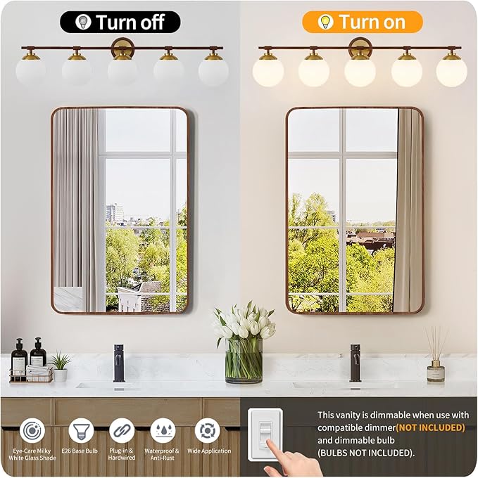 Rayogale Walnut Bathroom Light Fixtures, ETL 5 Lights Vanity Lights Over Mirror with Milk Glass Soft Lighting 41 Inch Bathroom Sconces(Exclude E26 Bulb)