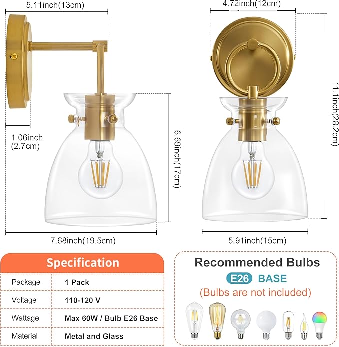 Gold Wall Sconce 1-Light Hardwired Wall Mount Modern Farmhouse Vanity Light Fixtures with 6 Inch Clear Glass Shade, Wall Lights for Bathroom, Bedroom, Living Room, Mirror, Kitchen, 1 Pack
