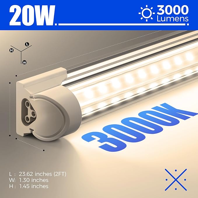 Barrina LED Shop Light 2FT, 20W 3000LM 3000K, Clear Cover Linkable Tube Lights, V Shape Integrated T8 LED Lighting, Ceiling Lights for Garage, Warehouse, Workshop, ETL Listed, 2 Packs