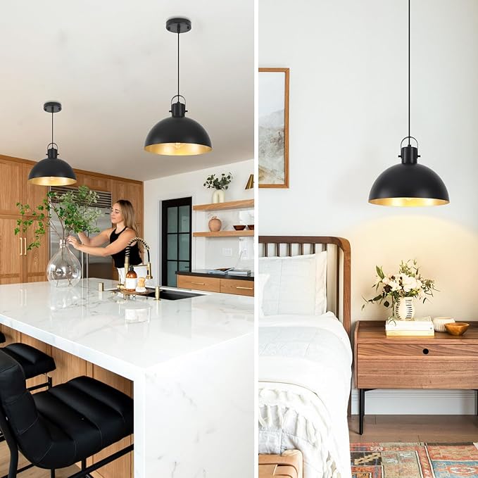 Black Pendant Light 2 Pack, 11.8 Inch Pendant Lights Kitchen Island, Dome Pendant Lights, Farmhouse Pendant Light for Kitchen Island, Dining Room, Living Room