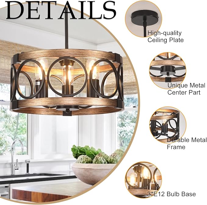Light Fixtures Ceiling Mount,3-Lights Semi Flush Mount Ceiling Light Fixture,15.7" Black Dining Room Chandelier Rustic Drum Chandelier Pendant Light Fixture with Wood Grain Finish for Kitchen