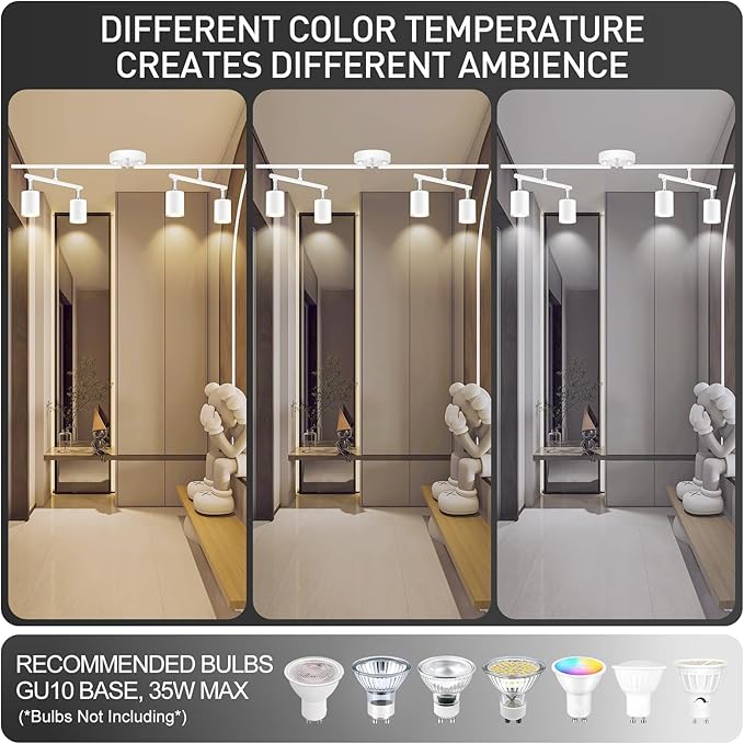 Track Lighting Fixtures Ceiling, 4-Light LED Track Lighting Kit, 30" Modern White Ceiling Spot Lighting, Flexibly Rotatable Head, Wireless Wall Light for Bedroom/Kitchen/Hallway(GU10 Socket, NO Bulb)