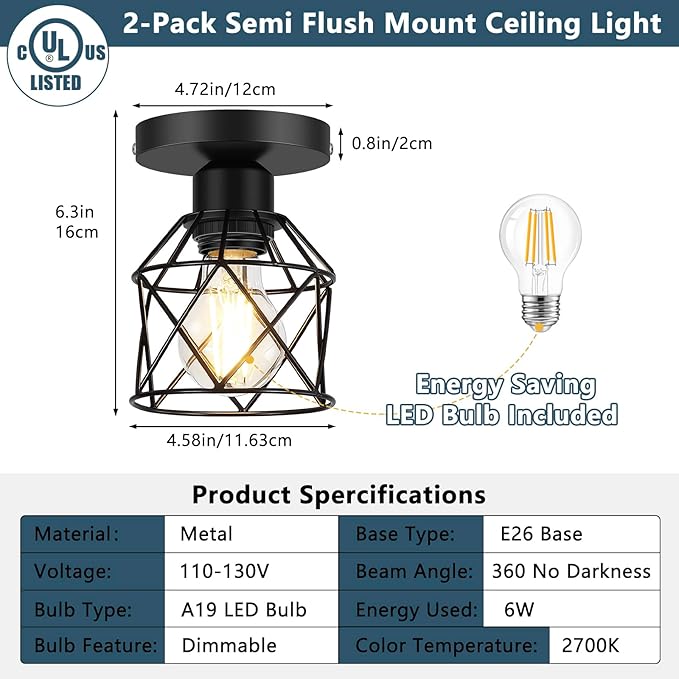 FadimiKoo 2-Pack Farmhouse Semi Flush Mount Ceiling Light, Black Hallway Light Fixtures Ceiling Mount, Small Metal Cage Indoor Ceiling Lamp for Kitchen Porch Bedroom (LED Bulbs Included)
