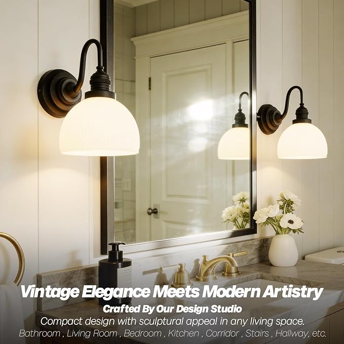 Vintage Wall Sconce Light, Black Bathroom Vanity Light with Striped Bowl Milk Glass Farmhouse Hardwire Wall Mounted Lamp for Bathroom Mirror Living Room Bedroom Kitchen E26 Indoor