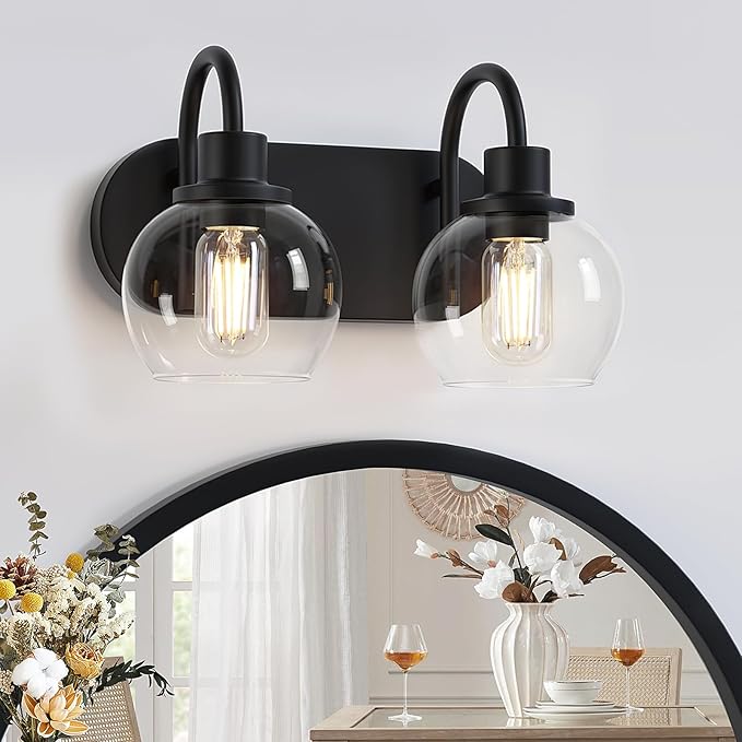 Dpyrrhic Modern 2-Light Vanity Light, Bathroom Lighting Fixture Over Mirror With Clear Glass Shade and Metal Base, Matte Black Wall Mounted for Bathroom