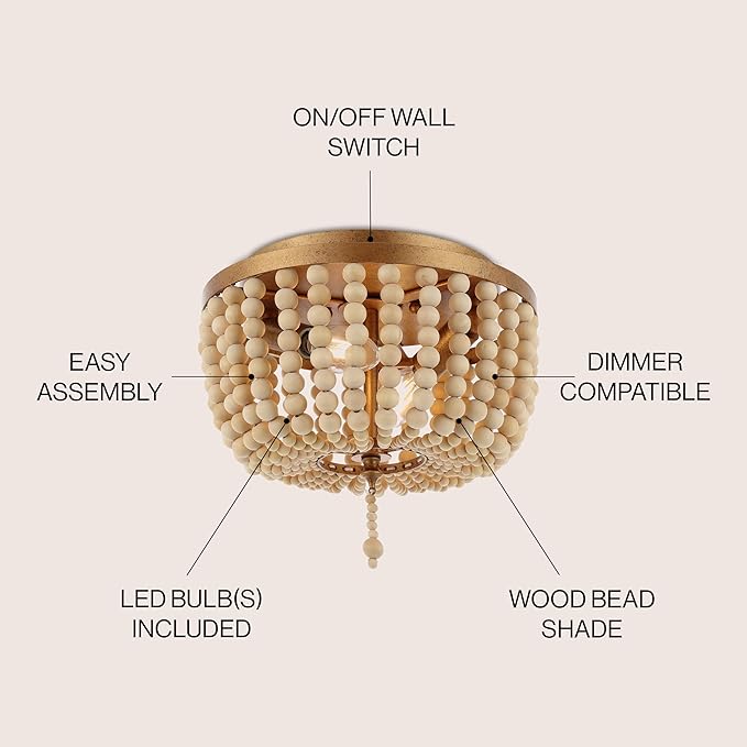 JONATHAN Y 10" Antique Gold/Cream Allison 2-Light LED Flush Mount Ceiling Light for Bedroom, Wood Beaded Shade Shabby Chic Farmhouse Rustic Decor, LED Bulbs Included JYL9074A