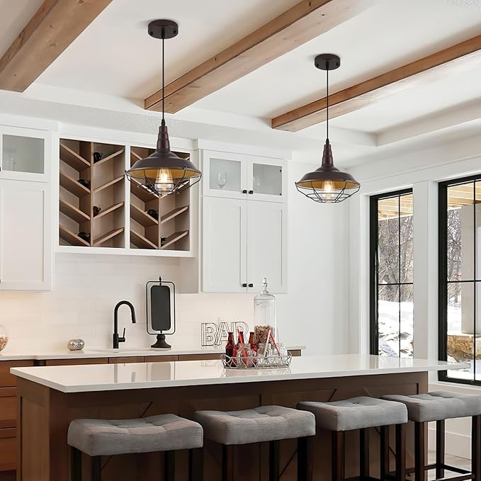 Brown Farmhouse Pendant Light 2 Pack, Vintage Industrial Cage Pendant Light Fixtures, 10.2" Rustic Kitchen Pendant Lighting Over Island Dining Room Barn