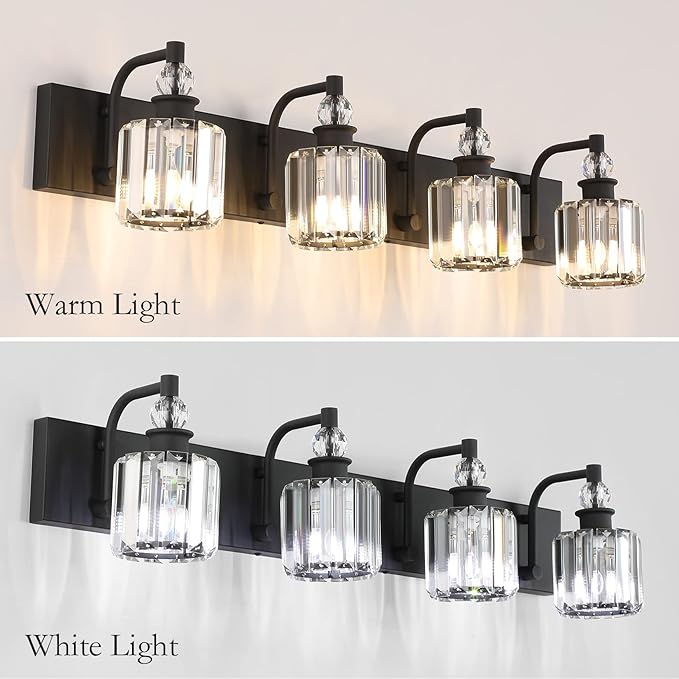 Ralbay Black Crystal Vanity Light Fixtures 4 Light Crystal Bathroom Vanity Lights Fixtures Over Mirror Modern Matte Black Bath Wall Lights