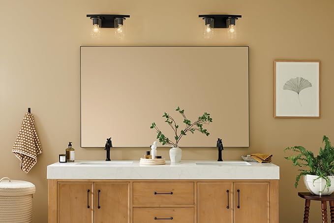 Kichler Crosby 15.25" 2-Light Bathroom Vanity Light Fixture with Clear Glass in Black for Powder Room, Modern Wall Mount Over Mirror (15.25" x 8.75"), 45496BKCLR