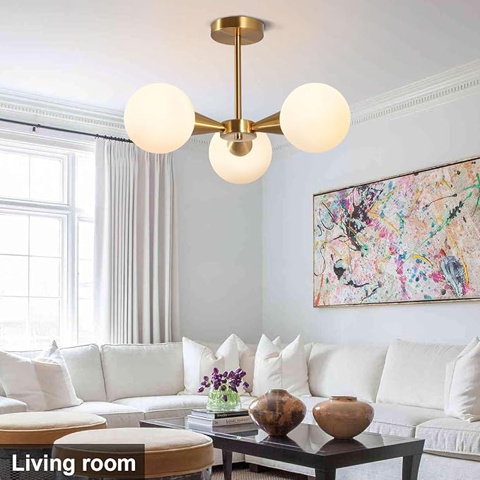 Betkas 3-Lights Semi Flush Mount Ceiling Light Fixture Brushed Gold Light Fixture Straight Bar Modeling with Milk Glass Globe for Bedroom,Living Room, Dinning Room Foyer Hallway