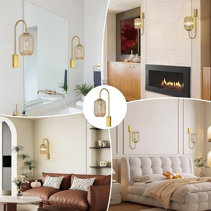 1-Light Bathroom Vanity Light fixtures Glass Globe Wall Sconce Lights Gold Wall Mount Light with Amber Glass Shade Mid Century Modern Wall Sconce for Over Mirror Bedroom Hallway