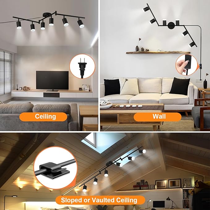 Plug in Track Lighting Kit, 120cm LED 6 Light Kitchen Track Lighting Corded Wall Light with 16.4ft Cord 6 Way Ceiling Spot Lighting Flexibly Rotatable Head Includes 6xGU10 Bulb (6 Black-Acrylic-120cm)