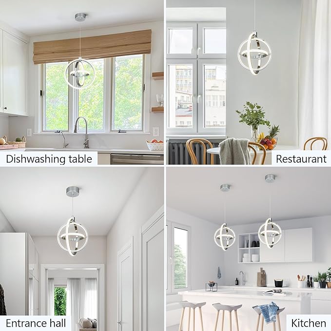 Modern LED Pendant Light Chrome Pendant Lights 4000K Dimmable External Glow Height Adjustable Pendant Lighting for Kitchen Island Dining Room Bedroom Living Room Foyer（3-Ring）