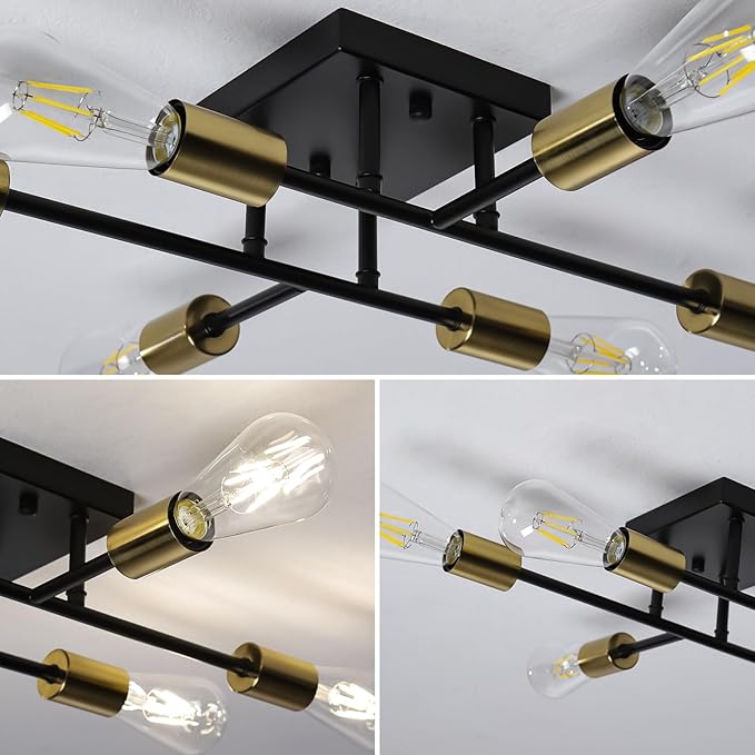 6-Lights Semi Flush Mount Ceiling Light Fixture, Matte Black and Golden, Modern Sputnik Close to Ceiling Light with E26 Base, Chandelier Light for Bedroom Kitchen Living Room Dining Room