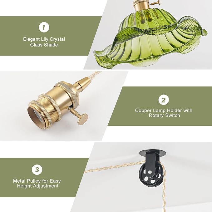 Plug in Pendant Light Vintage, Adjustable Pulley Hanging Lamp with Green Lily Glass Shade, Brass Hanging Lights with Plug in Cord for Bedroom Kitchen, Compatible with Indoor Plant Grow Light Bulbs