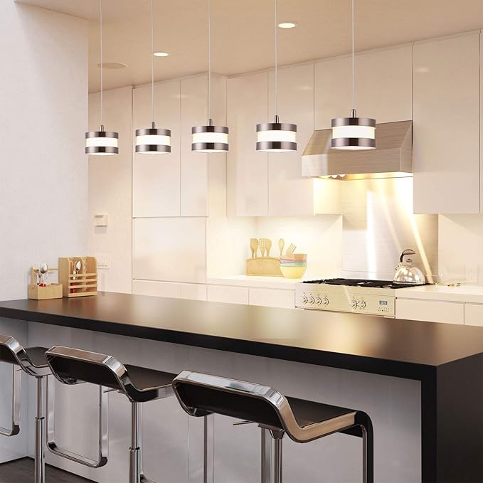 Mercury 5 Mini Pendant Lighting Nickel - LED Hanging Light Fixture for Kitchen Island, Bar, Foyer - Cluster Pendants - Dimmable, Adjustable Wire, Lamp Bulb Included