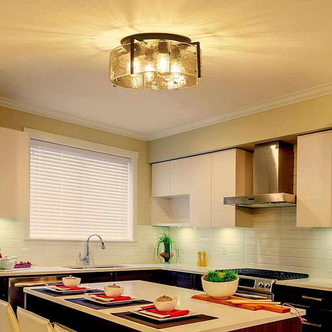 17.3“ Semi Flush Mount Ceiling Light Fixture, Black 4-Light Modern Water Ripple Chandelier Glass Light Fixture for Entryway Hallway Kitchen Island Dining Room Foyer Bedroom Laundry Hallway