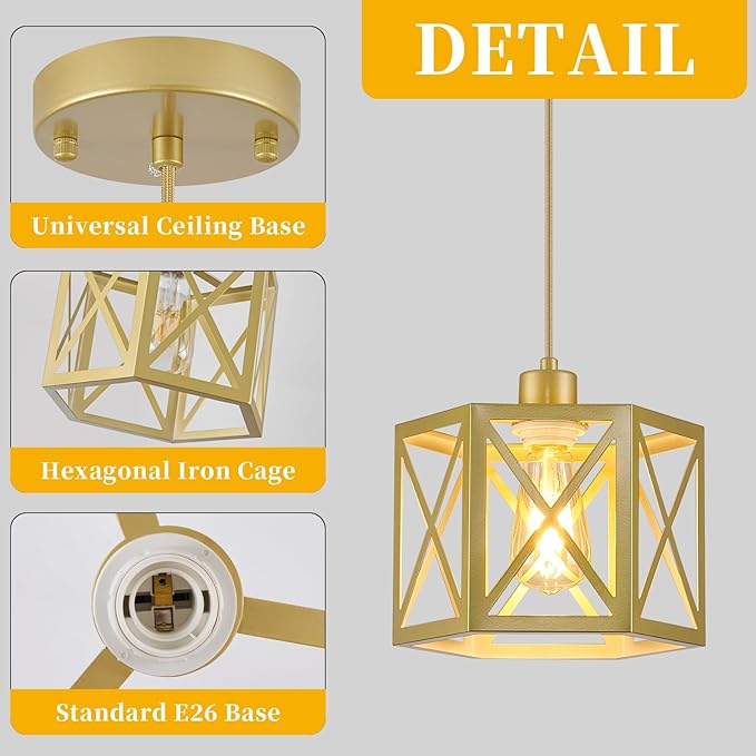 XSDeTu 2 Pack Gold Pendant Lights, Modern Farmhouse Hanging Light Fixture with Hexagonal Cage, Vintage Brass Metal Ceiling Lights, Adjustable Lantern Pendant Lighting for Kitchen Island Sink Hallway